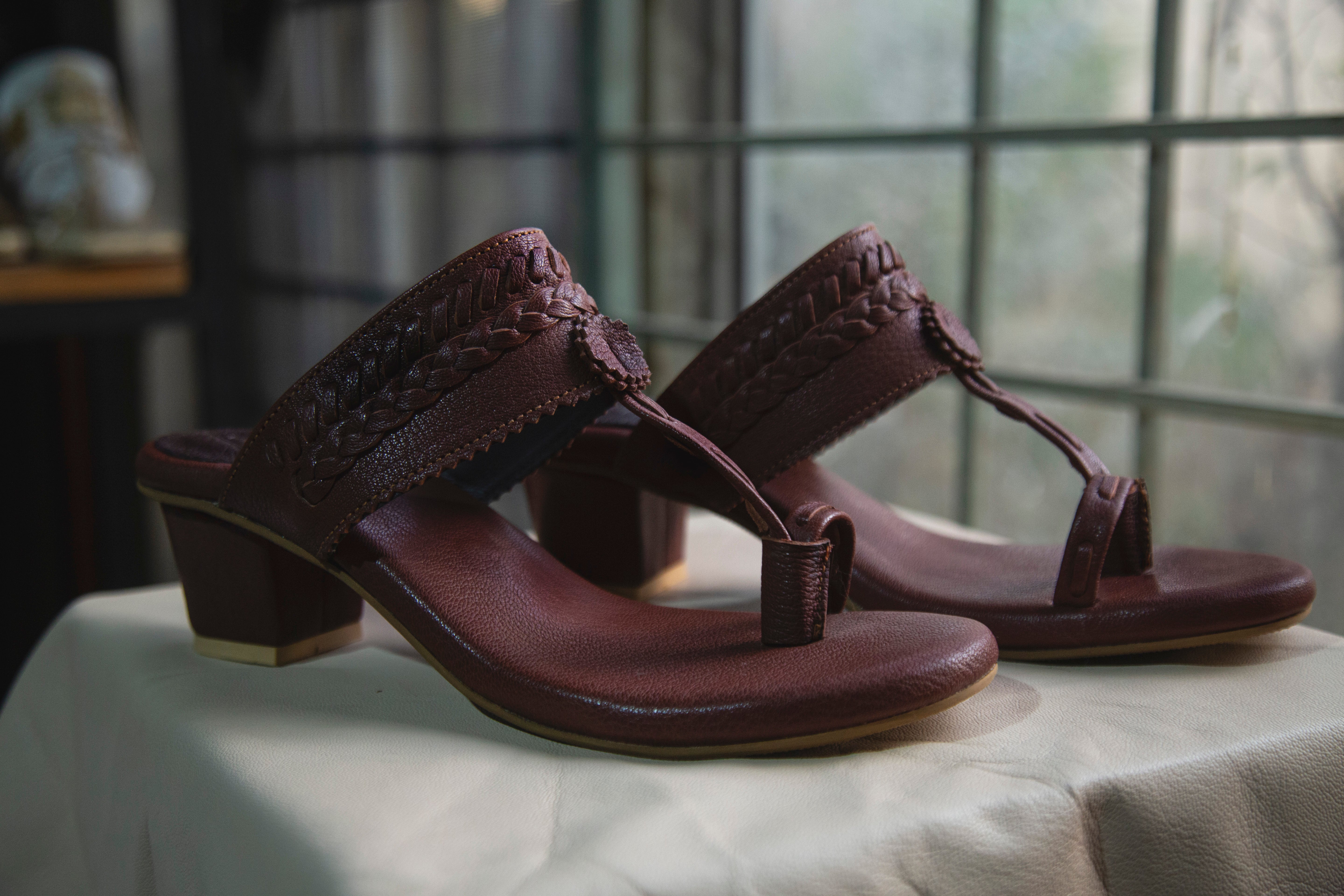 Coffee Brown Kohlapuri Block Heels (Pure Leather) - Handweaved