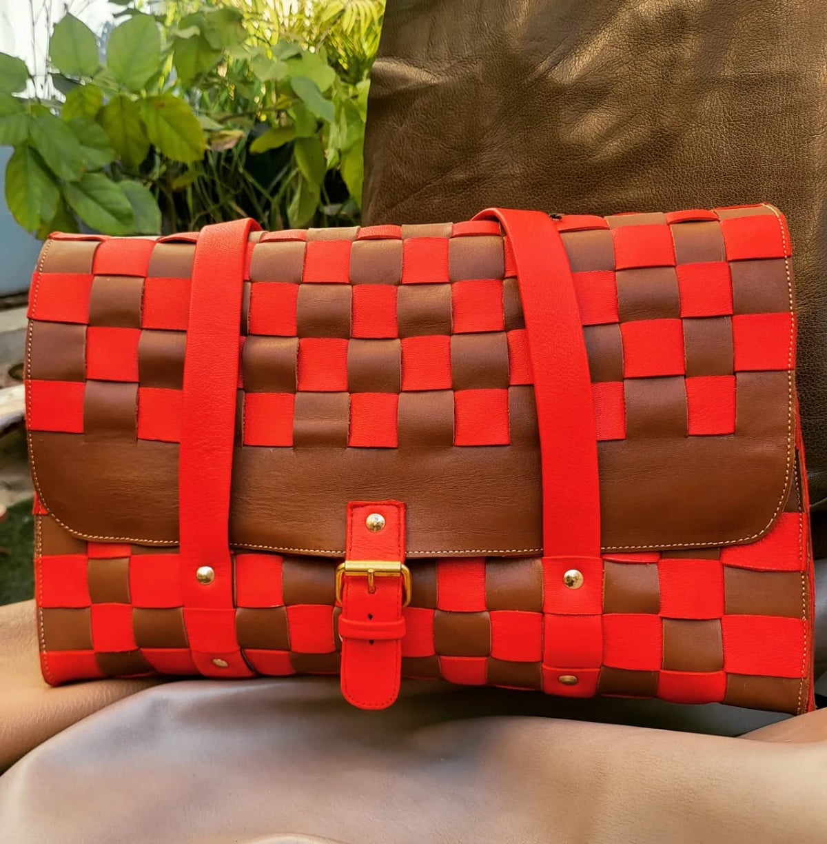 Reddish Brown Checked Bag