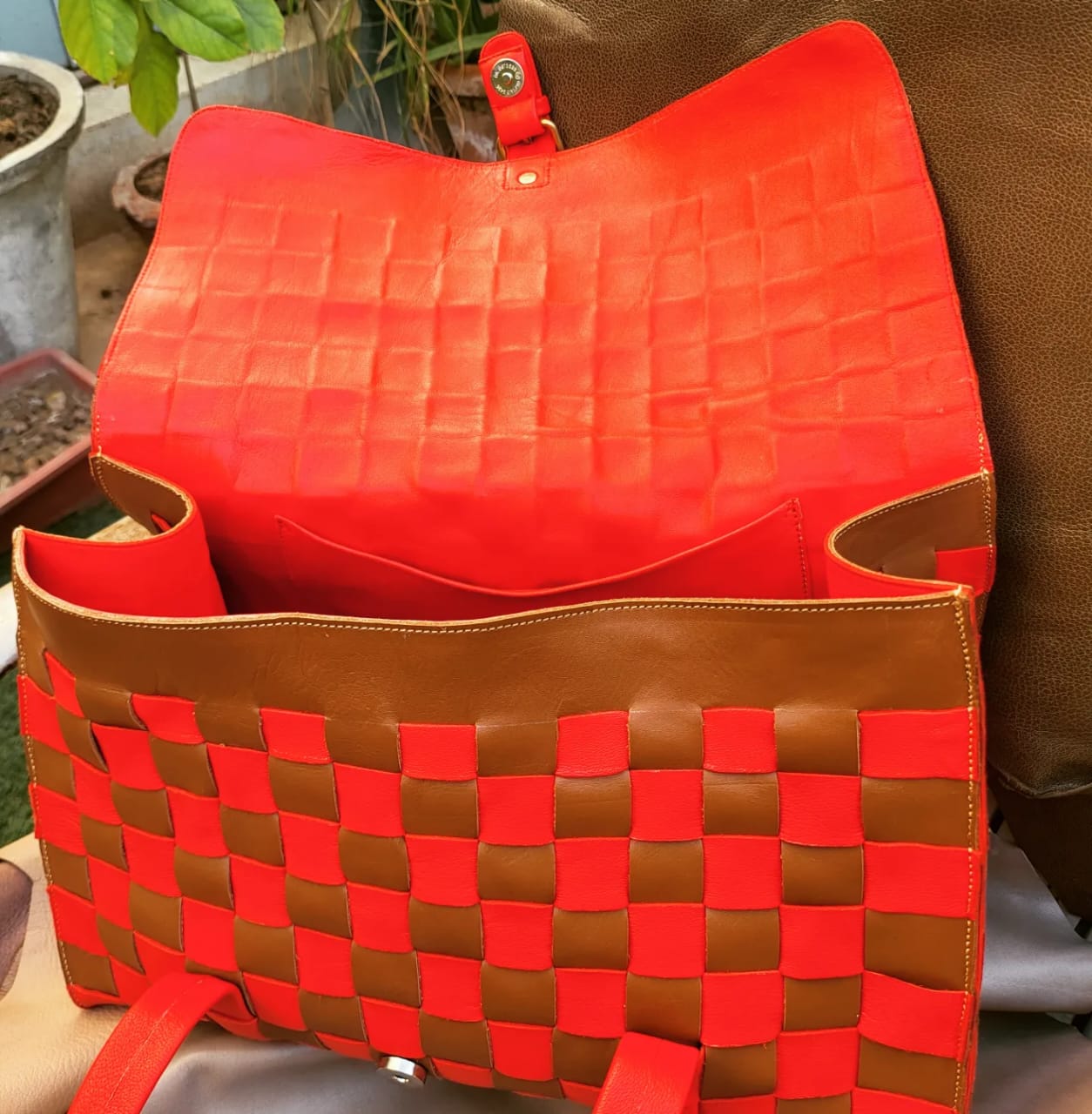 Reddish Brown Checked Bag