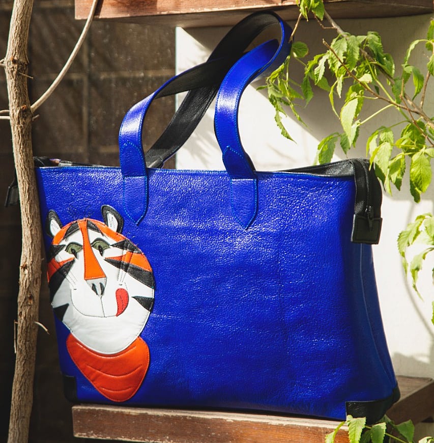 Collage Character Blue Leather Tote Bag - Leatherist.official