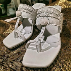 White Kolhapuri Heels (Pure Leather) - Hand Crafted - Leatherist.official