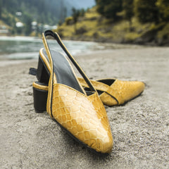 Yellow Patterned Heels (Pure Leather) - Hand Crafted - Leatherist.official