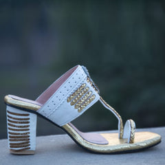 White Golden Kolhapuri Heels (Pure Leather) - Hand Crafted - Leatherist.official