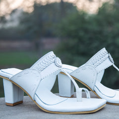 White Kolhapuri Heels (Pure Leather) - Hand Crafted - Leatherist.official